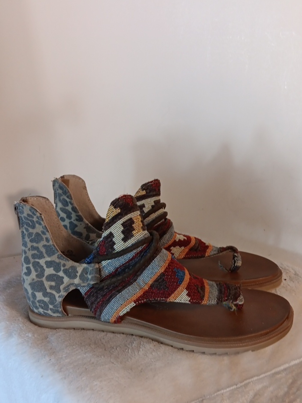 Very G Multicolor Woven Back-Zip Sandals with Gray Leopard Heel